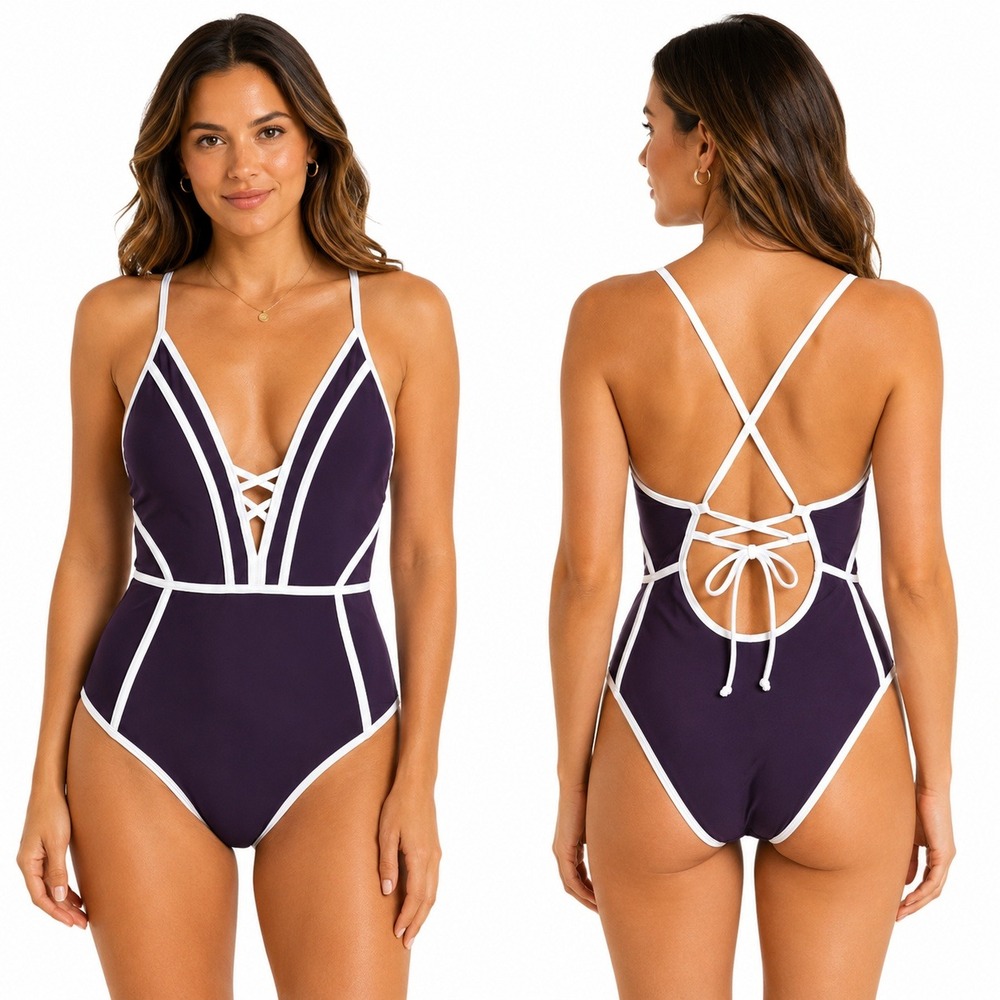 Cupshe Swimsuit Womens XL Onepiece Purple White Lace Up V-Neck One Piece